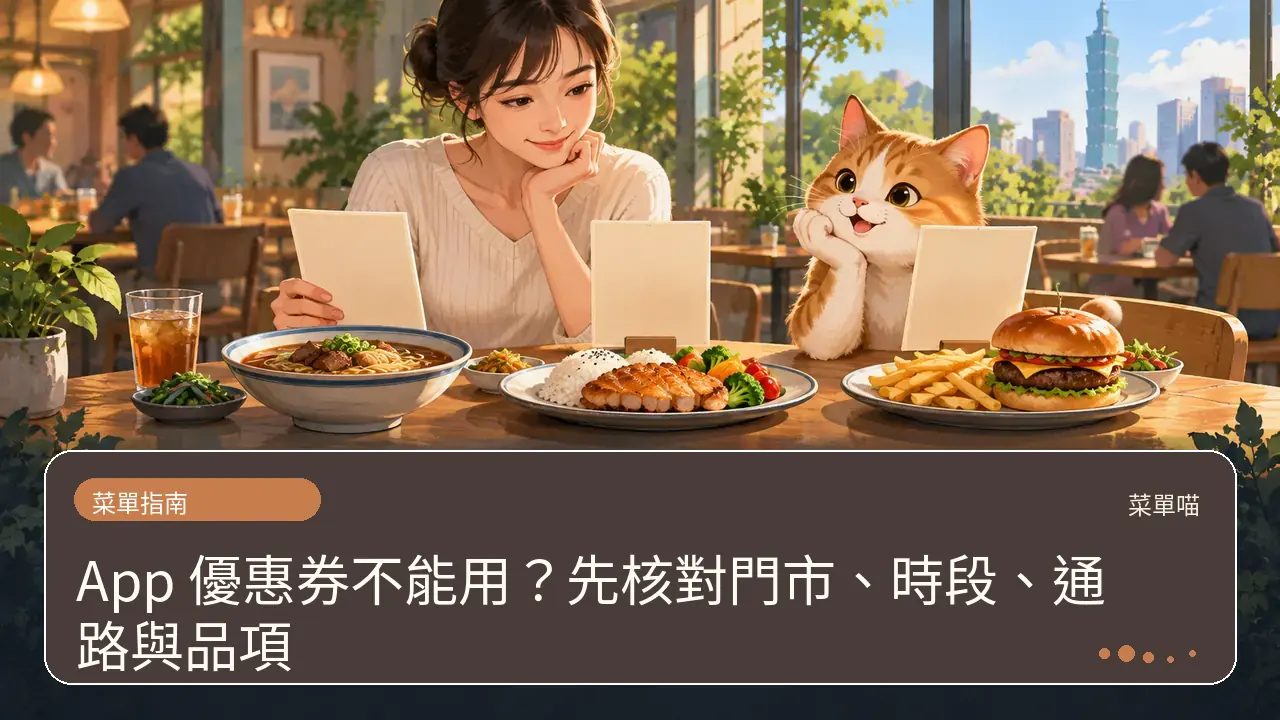 App 優惠券不能用？先核對門市、時段、通路與品項主題插畫