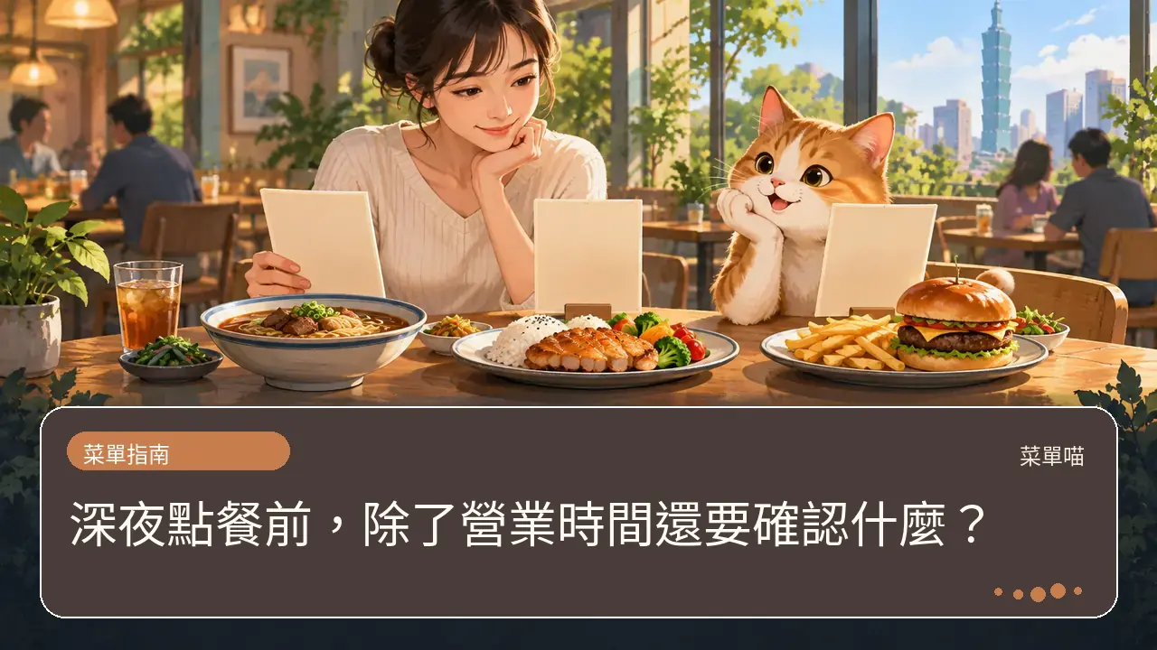 深夜點餐前,除了營業時間還要確認什麼?主題插畫