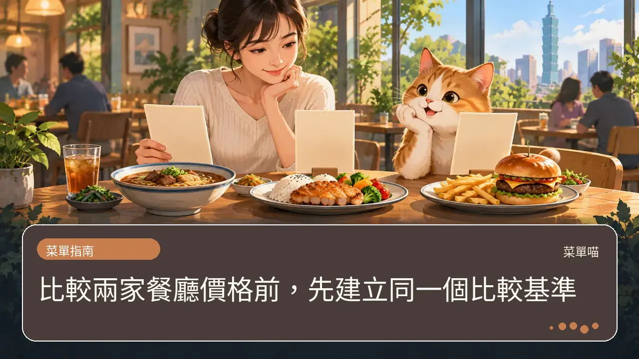 比較兩家餐廳價格前，先建立同一個比較基準主題插畫